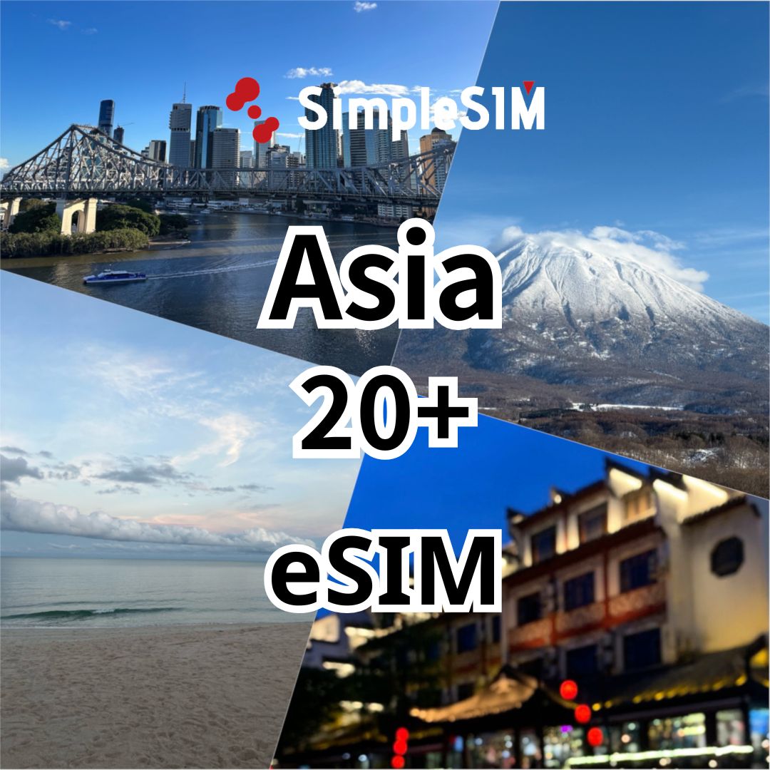 Collage of cityscape, mountain, beach, and building with Simple eSIM branding and text 'Asia 20+ eSIM'.