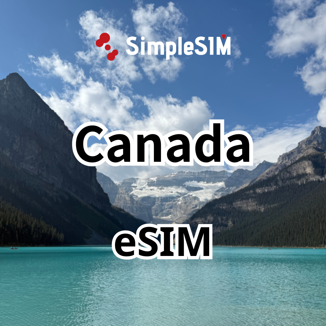 Scenic mountain lake with SimpleSIM branding and 'Canada eSIM' text.