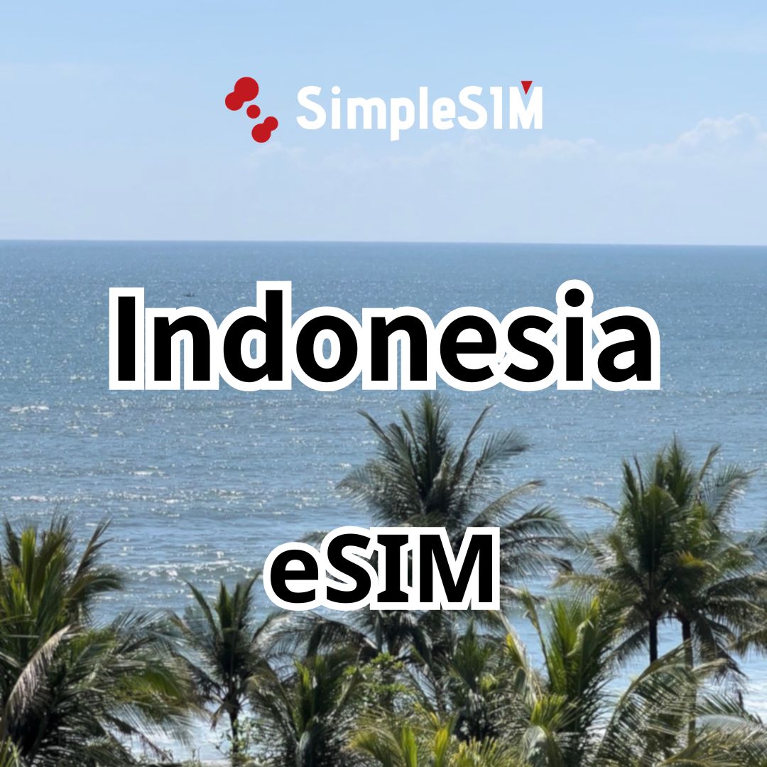 Advertisement for Simple eSIM eSIM service in Indonesia with palm trees and ocean in the background.