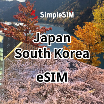 Promotional graphic for a SimpleSIM Japan South Korea eSIM, featuring a scenic background of autumn foliage, a river, and pink cherry blossoms.