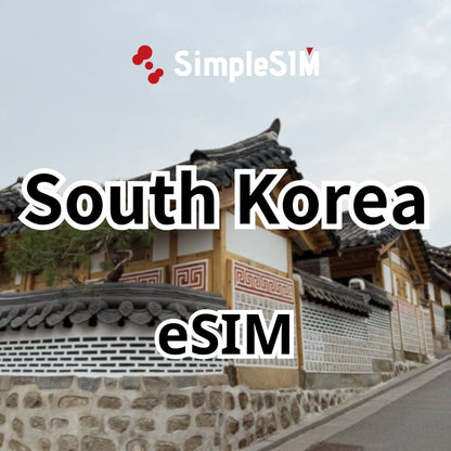 Traditional South Korean house with 'Simple eSIM' and 'South Korea eSIM' text overlay.