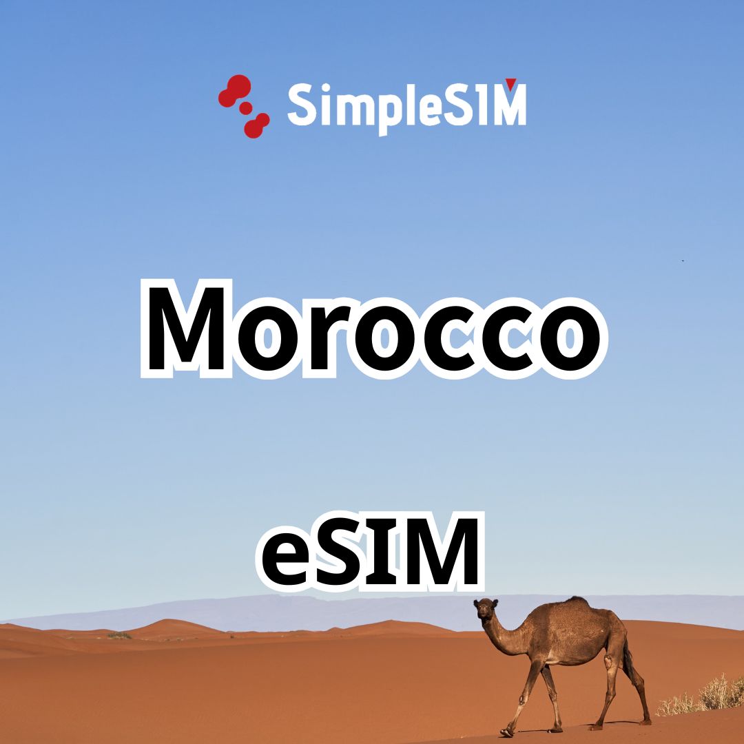 Desert landscape with a camel and Simple eSIM Morocco eSIM text overlay.