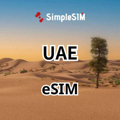 Desert landscape with 'Simple eSIM' branding and text about UAE eSIM.