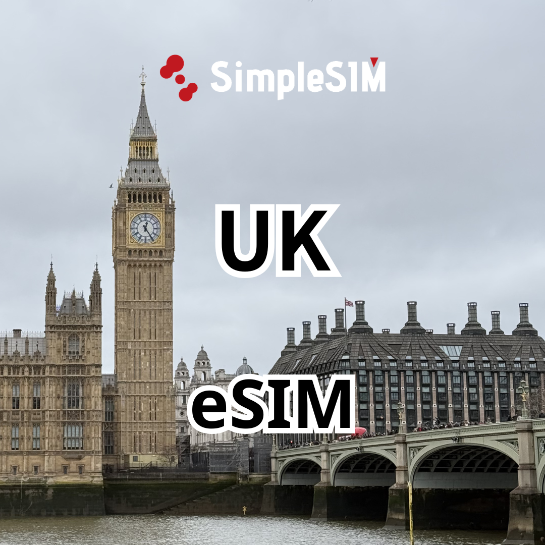 Big Ben and the Houses of Parliament with SimpleSIM branding and 'UK eSIM' text.