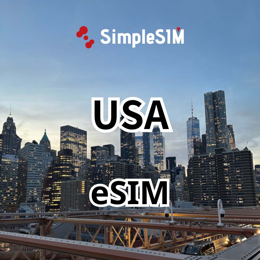 City skyline with SimpleSIM branding and text 'USA eSIM' on a clear sky background